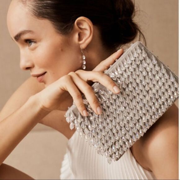BHLDN Zhuu Crystal Box Clutch Silver Crystals Evening Bag Purse NEW